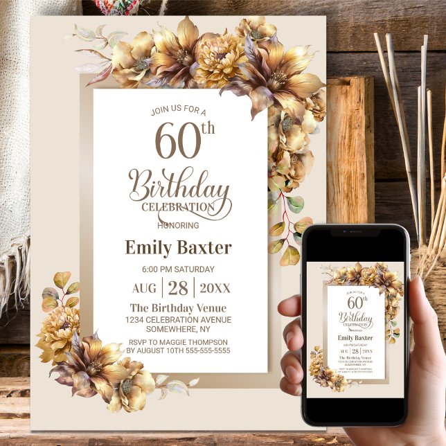Rustic Floral 60th Birthday Party Invitation (Creator Uploaded)
