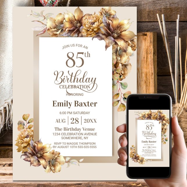 Rustic Floral 85th Birthday Party Invitation (Creator Uploaded)