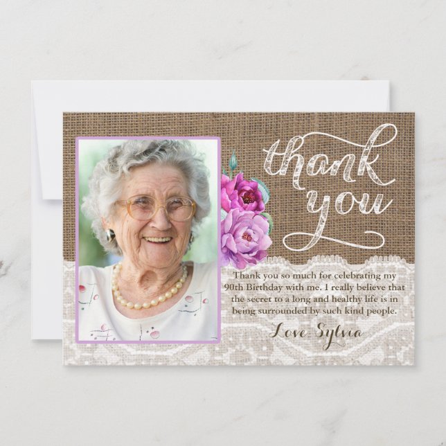 Rustic Floral Adult Female Birthday Thank You Card (Front)