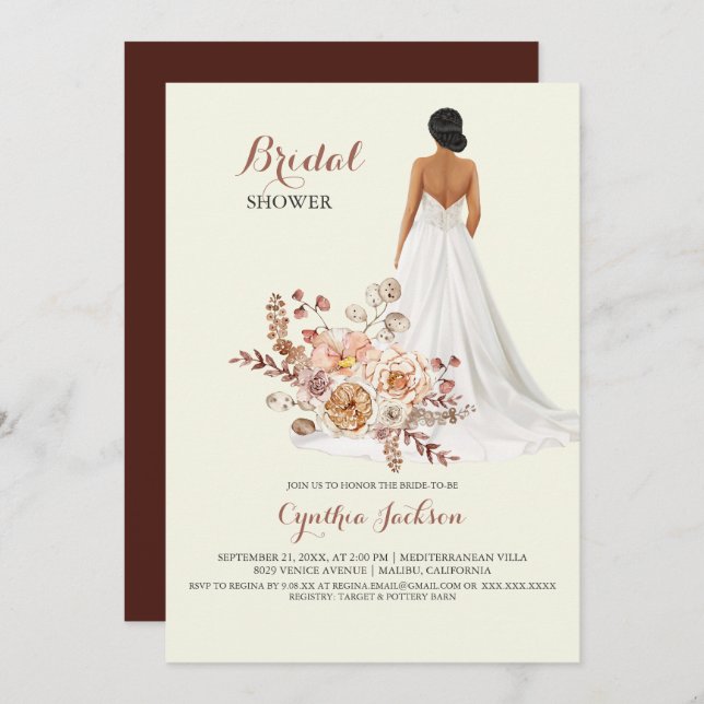 Rustic Floral African American Bride Bridal Shower Invitation (Front/Back)