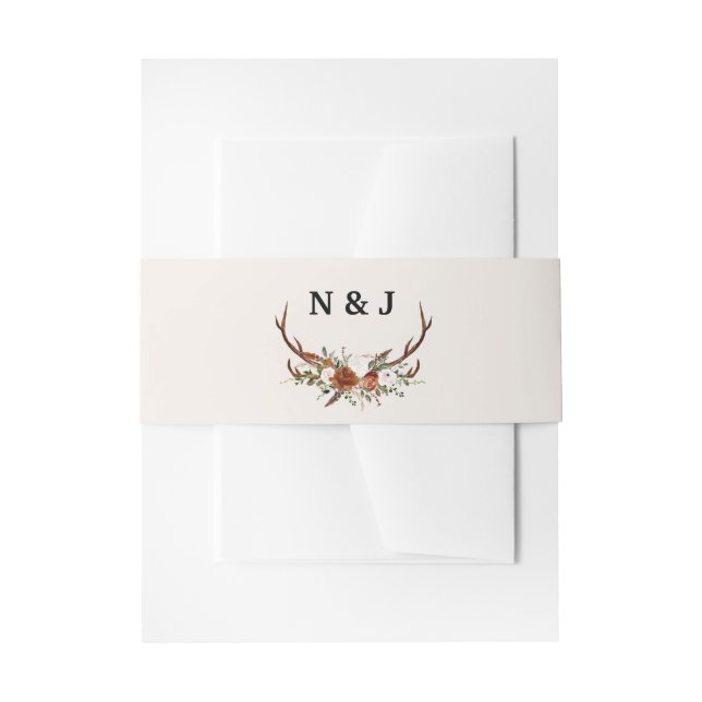 Rustic floral and antlers initials wedding invitat invitation belly band (Front Example)