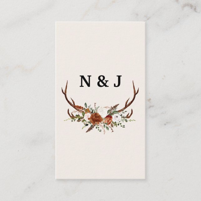 Rustic floral and antlers initials wedding sparkle enclosure card (Front)