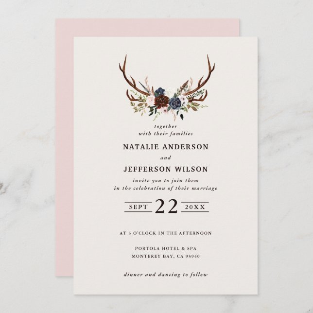 Rustic floral and antlers wedding blush pink (Front/Back)