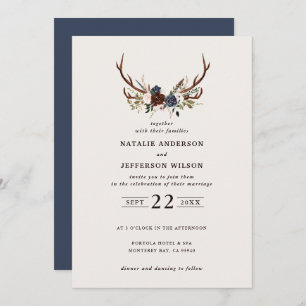 Rustic floral and antlers wedding navy blue