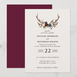 Rustic floral and antlers wedding navy burgundy