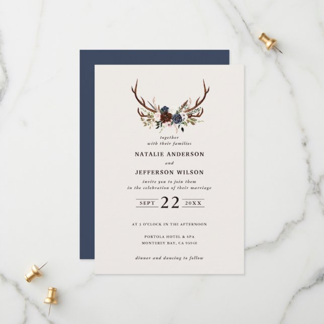 Rustic floral and antlers wedding navy burgundy save the date (Front/Back In Situ)
