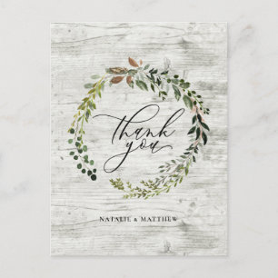 Rustic floral and foliage watercolor wreath thank postcard