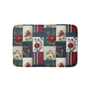 Rustic Floral and Geometric Patchwork Design Bath Mat