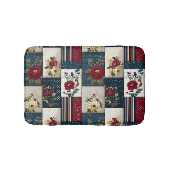 Rustic Floral and Geometric Patchwork Design Bath Mat (Front)