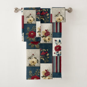 Rustic Floral and Geometric Patchwork Design Bath Towel Set