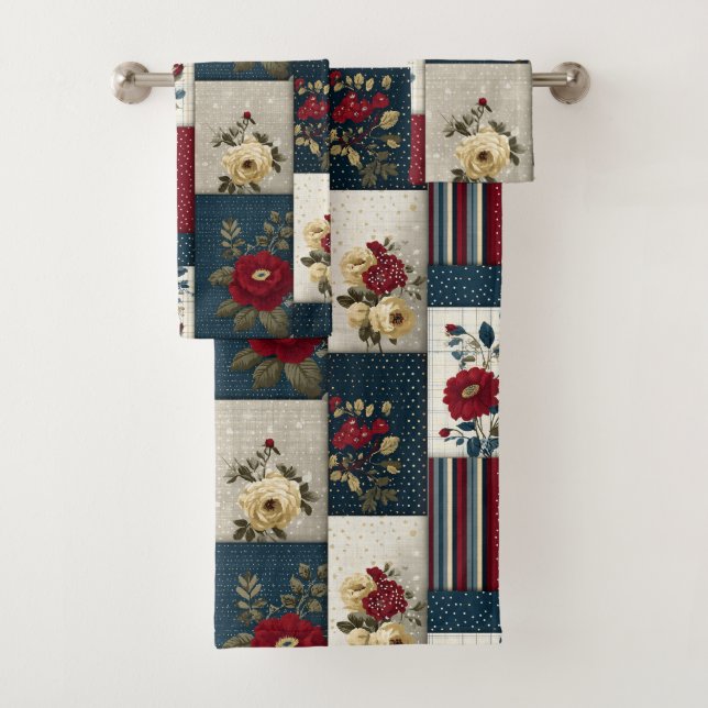 Rustic Floral and Geometric Patchwork Design Bath Towel Set (Insitu)