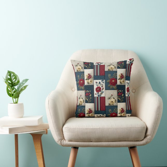 Rustic Floral and Geometric Patchwork Design Cushion (Chair)