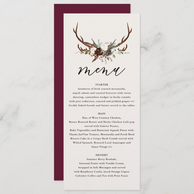 Rustic floral and stag antlers wedding menu (Front/Back)
