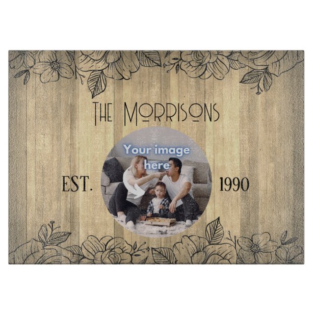 Rustic Floral Anniversary Family Photo Template Cutting Board (Front)