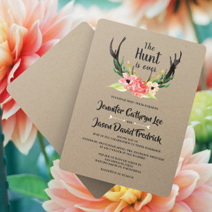 Rustic Floral Antler Hunt is Over Wedding Invitation