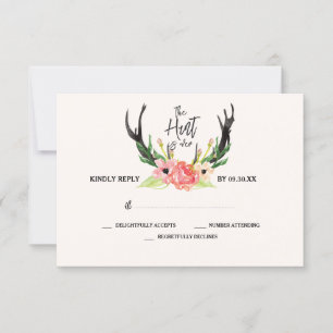 Rustic Floral Antler Hunt is Over Wedding RSVP Card