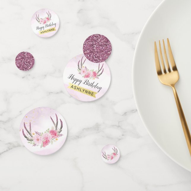 Rustic Floral Antlers Blush Pink & Gold Birthday Confetti (Group)