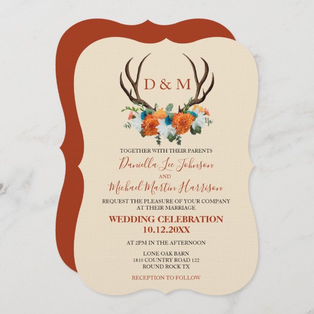 Rustic Floral Antlers BOHO Wedding Invitation (Front/Back)