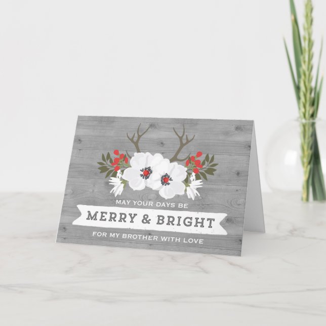 Rustic Floral Antlers Brother Christmas Card (Front)