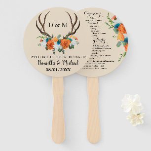 Rustic Floral Antlers Wedding Ceremony Program Hand Fan