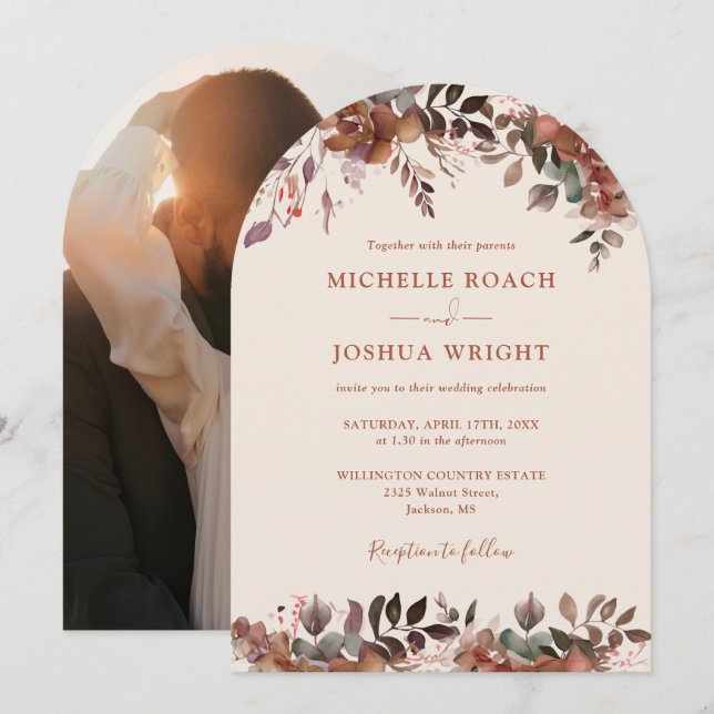 Rustic Floral Arch Photo Autumn Fall Wedding Invitation (Front/Back)