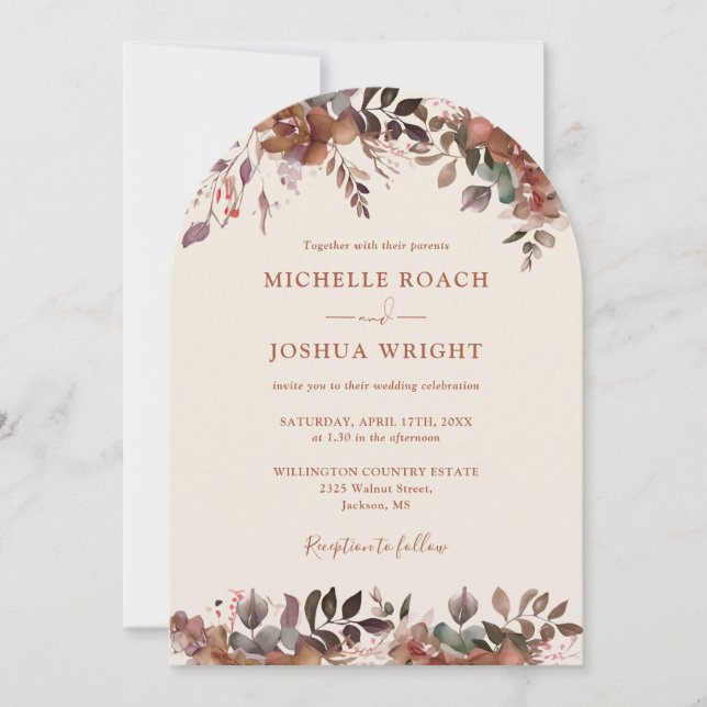Rustic Floral Arch QR Code Autumn Fall Wedding Invitation (Front)
