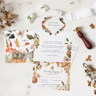 Rustic Floral Autumn Barn Wedding   Fall Leaves All In One Invitation