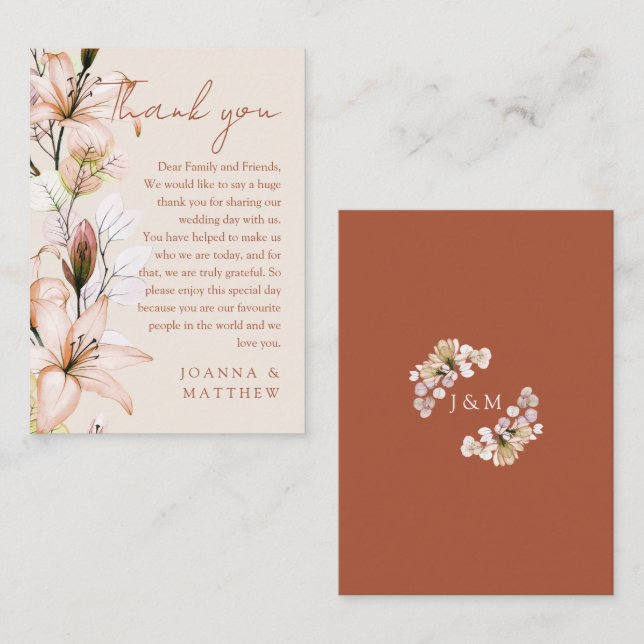 Rustic Floral Autumn Fall Wedding Thank You Place Card (Front/Back)