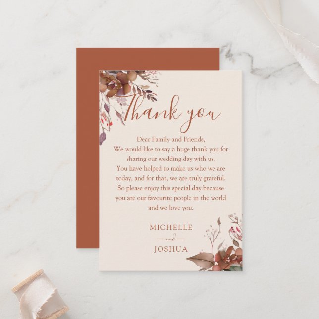 Rustic Floral Autumn Fall Wedding Thank You Place Card (Front/Back In Situ)