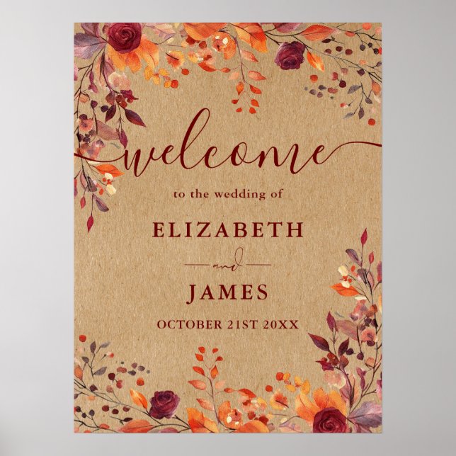 Rustic Floral Autumn Fall Wedding Welcome Sign (Front)