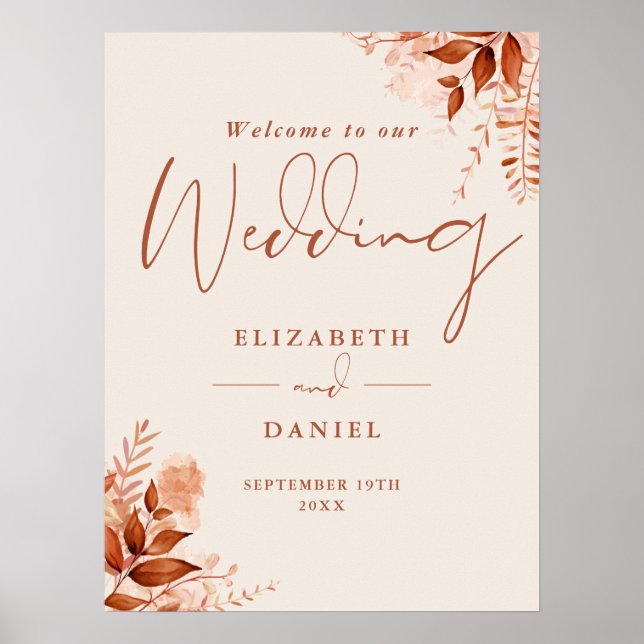 Rustic Floral Autumn Fall Wedding Welcome Sign (Front)