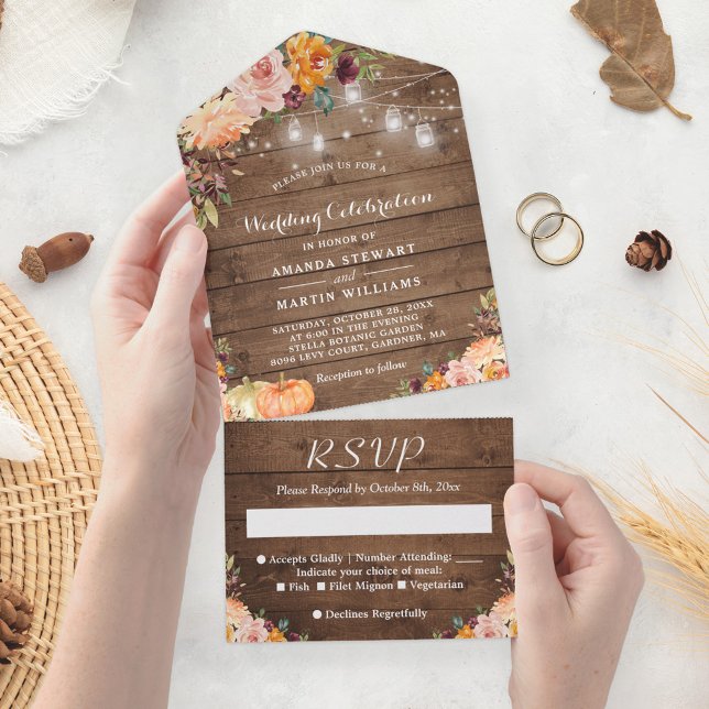 Rustic Floral Autumn Pumpkin String Lights Wedding All In One Invitation (Creator Uploaded)