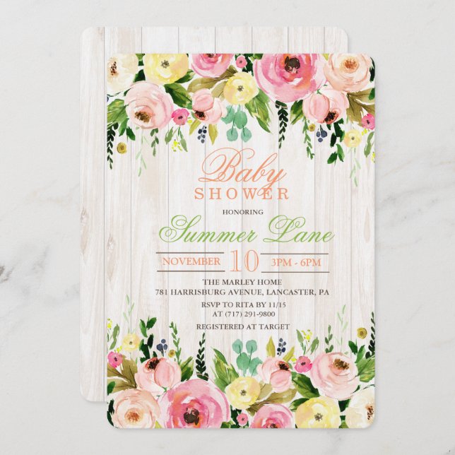 Rustic Floral Baby Shower Invitation (Front/Back)