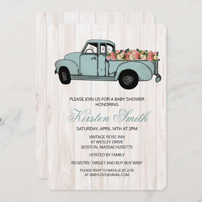 Rustic Floral Baby Shower Truck Invitation (Front/Back)