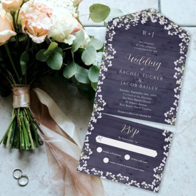 Rustic Floral Baby's Breath Navy Blue Wood Wedding All In One Invitation (Creator Uploaded)