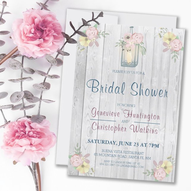 Rustic Floral Barn Wood Lantern Bridal Shower Invitation (RUSTIC FLORAL BARNWOOD LANTERN BRIDAL SHOWER INVITATION)