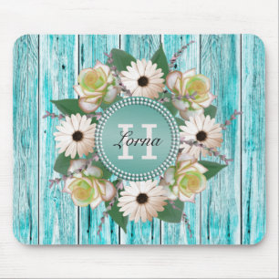 Rustic Floral Barn Wood Monogram Mouse Pad