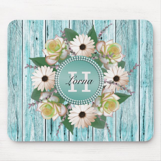 Rustic Floral Barn Wood Monogram Mouse Pad (Front)