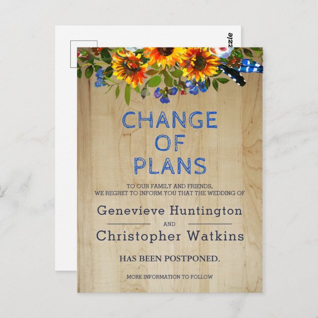 Rustic Floral Barn Wood Wedding Postponed Cancel Postcard (Front/Back)