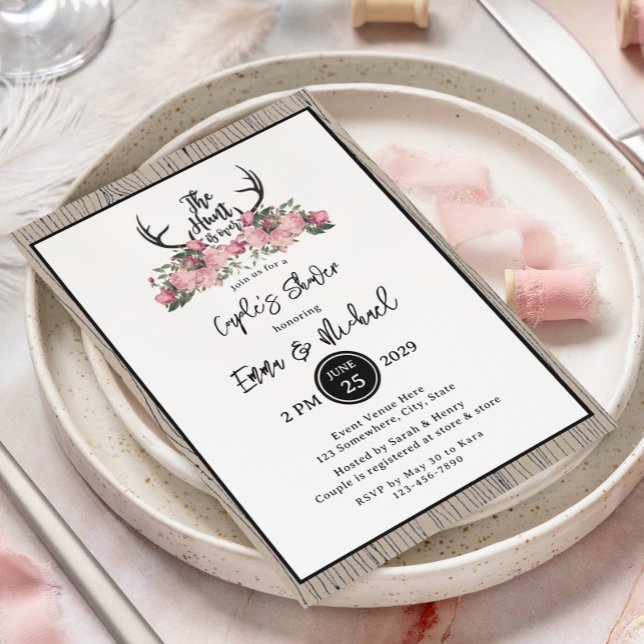 Rustic Floral Barnwood Hunt is Over Couple Shower Invitation (Creator Uploaded)