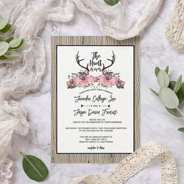 Rustic Floral Barnwood Hunt is Over Wedding Invitation (Creator Uploaded)