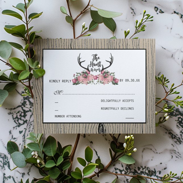 Rustic Floral Barnwood Hunt is Over Wedding RSVP Card (Creator Uploaded)