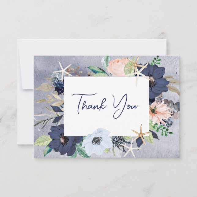 Rustic Floral Beach Nautical Wedding Thank You Card (Front)