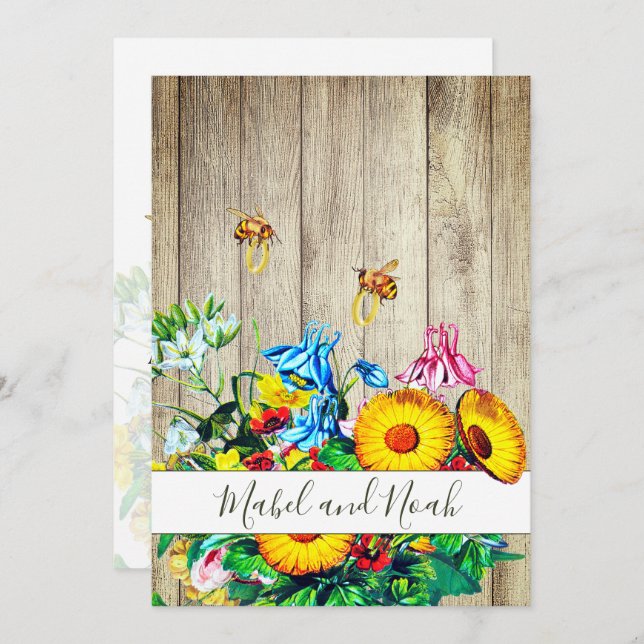 Rustic Floral Bees  Gold Eco Wedding Invitation (Front/Back)