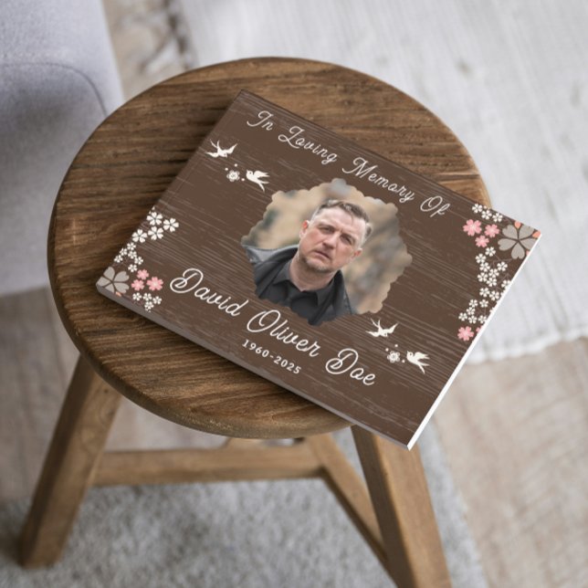 Rustic Floral Birds Custom Photo and Text Memorial Guest Book (rustic guest books in loving memory sympathy remembrance forever in our hearts keepsake forever hear)