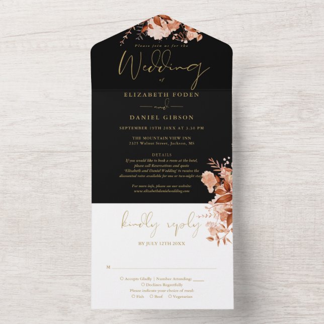 Rustic Floral Black And Gold Details RSVP Wedding All In One Invitation (Inside)