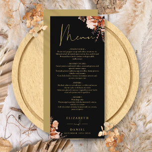 Rustic Floral Black And Gold Wedding Dinner Menu