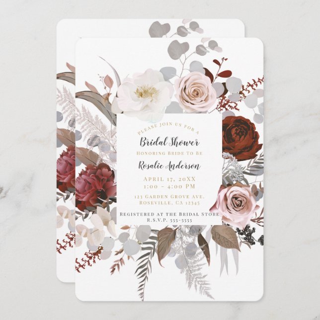 Rustic Floral Blooms Blush Grey Red Bridal Shower Invitation (Front/Back)