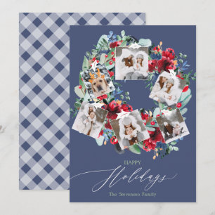 Rustic floral blue 6 photos Christmas wreath happy Holiday Card