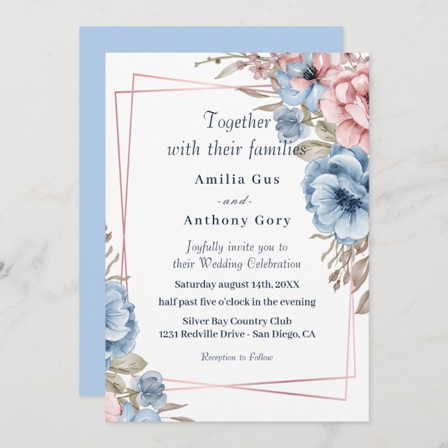 rustic floral blue and pink Wedding Invitation (Front/Back)